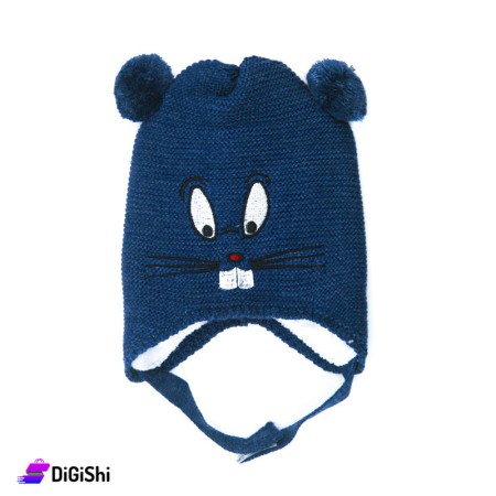 Wool Knitted Baby Hat Rabbit Face with Fur Balls - Teal
