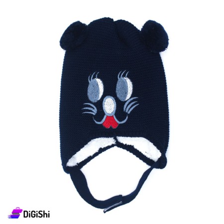 Cat Children's Double Layered Wool Knitted Hat - Dark Blue