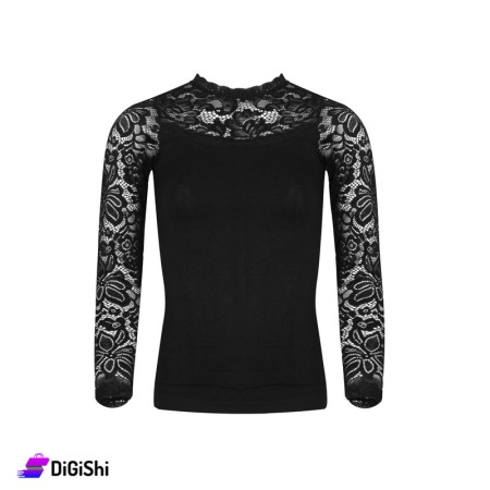 Al Samah Long Lace Sleeve Sweater With A Round Neck - Black