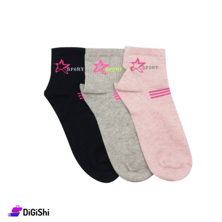 Al Samah Set Of Girl's Cotton Medium Socks Star drawing - 3 Pairs