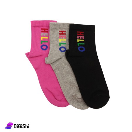 Al Samah Set Of Girl's Cotton Medium Socks HELLO - 3 Pairs