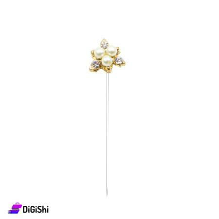 Flower With Pearls Shape Pin - Golden