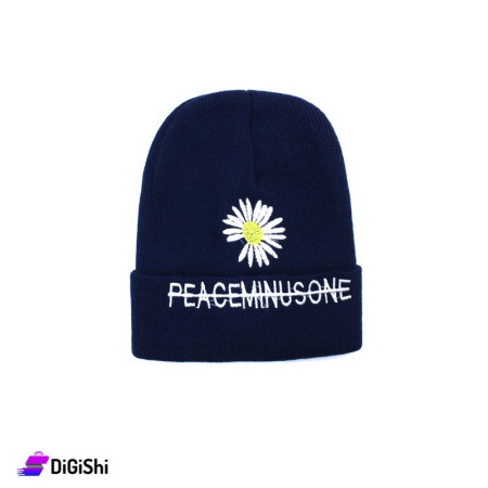 Wool Knitted Women's Hat Flower Drawing - Dark Blue