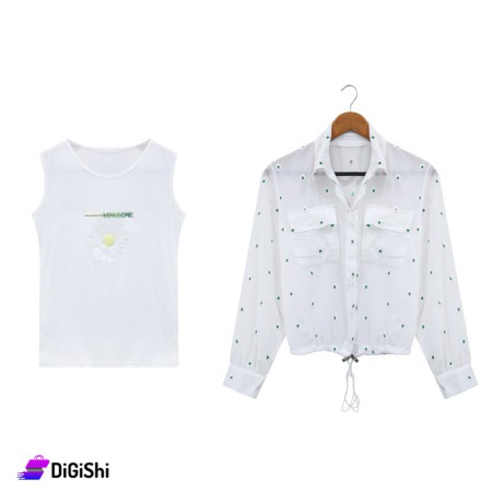 Women's Chiffon Shirt & Cotton Sleeveless Sweater - Green Flowers
