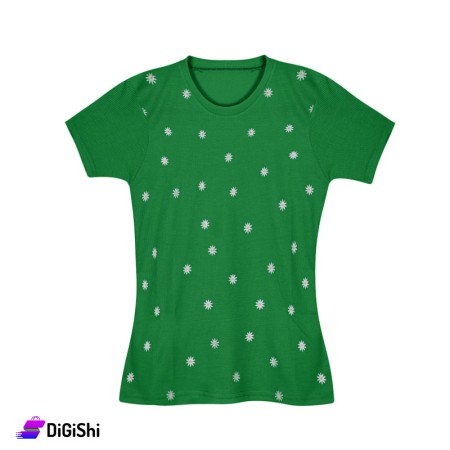 Women's Ribbed T-Shirt With Lilies Drawings- Green