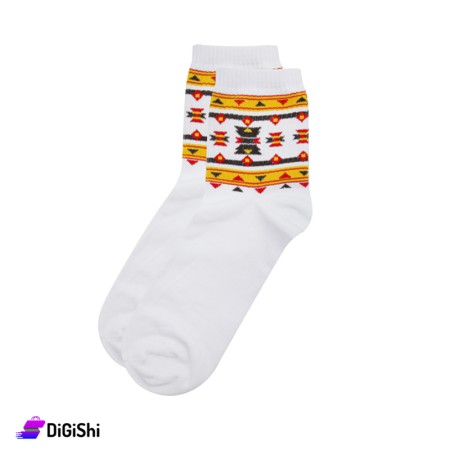 جوارب قطن رجالية متوسط نقوش صفراء ZOX - أبيض