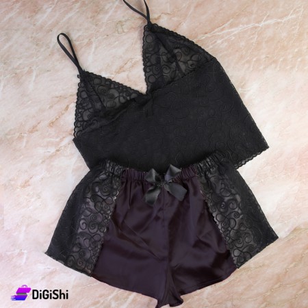 Satin and Embroidered Lace Two Pieces Lingerie Set - Black