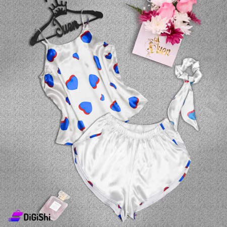 Women's Satin Pajamas Hearts Drawing - White & Blue