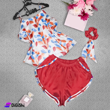 بيجاما نسائية ساتان رسمة ورق شجر - أحمر