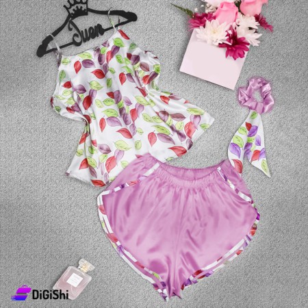 بيجاما نسائية ساتان رسمة ورق شجر - زهر