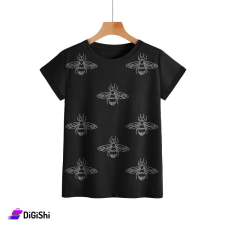 Women's Cotton T-Shirt Bees Print- Black