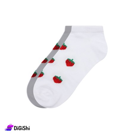 ZOX Cotton Short Women's Socks With Strawberry Drawings - White