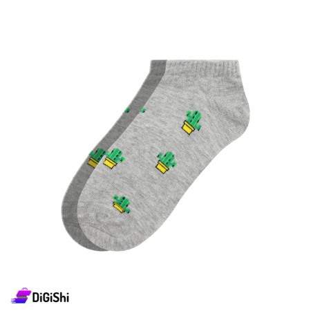 ZOX Cotton Short Women's Socks With Cactuses drawings - Gray