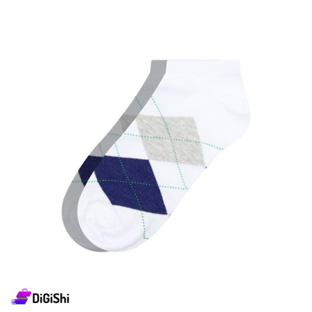 جوارب قطن رجالية قصيرة نقشة كاروهات  ZOX - أبيض