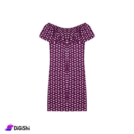 Women's Cotton Short Dress With Tie Drawing - Purple