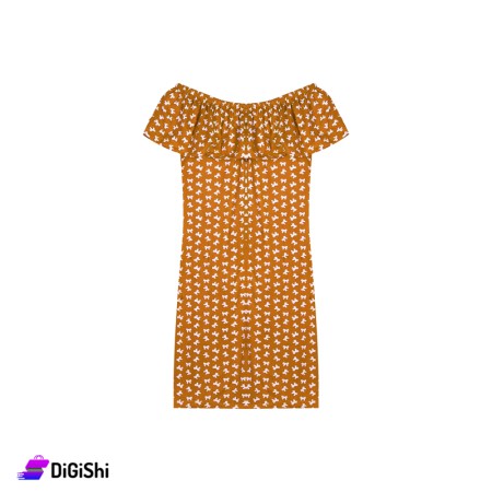Women's Cotton Short Dress With Tie Drawing - Brown