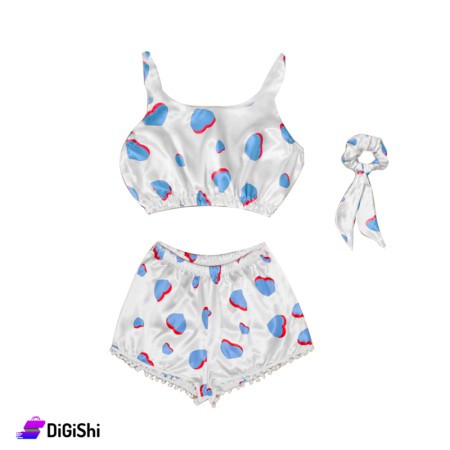 Women's Satin Pajamas Hearts Drawing - White & Blue