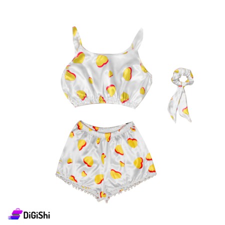 Women's Satin Pajamas Short Sweater Yellow hearts - White