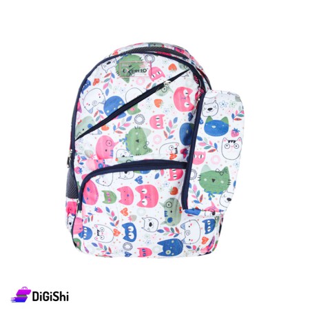 Canvas Backpack Cats Drawing With Pencil Case - Dark Blue