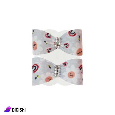 Pair of Hair Ties Bowknot Shape with Flower Drawing - Grey