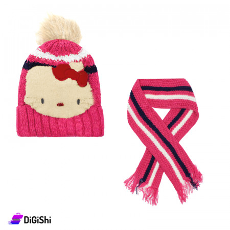 Set of Woolen Child's Scarf & Hat With Hello Kitty Shape - Rose red