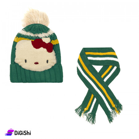 Set of Woolen Child's Scarf & Hat With Hello Kitty Shape - Dark Green