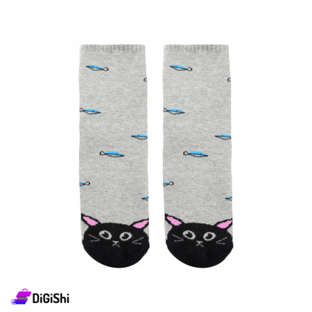 ZOX Plus Women's Medium Leg Socks with Cat Drawing - Grey