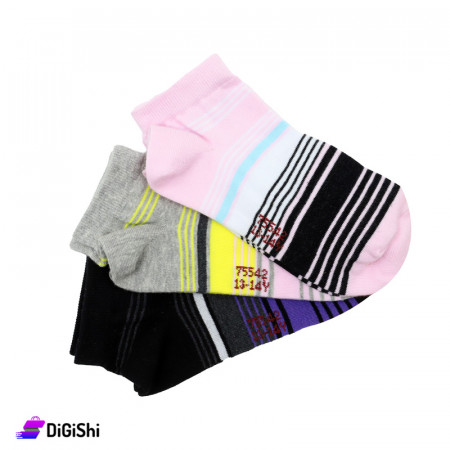 Al Samah Set Of Girl's Short Striped Socks (black, gray and pink)