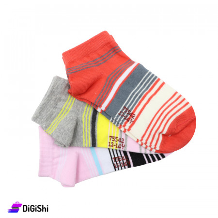 Al Samah Set Of Girl's Short Striped Socks (red, pink and grey)