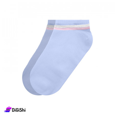 ZOX Pair Of Cotton Short Women's Socks With Two Line Drawing - Light Blue