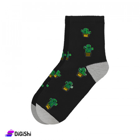 ZOX Pairs of Women's Towel Medium Leg Socks Cactus Drawing - Black