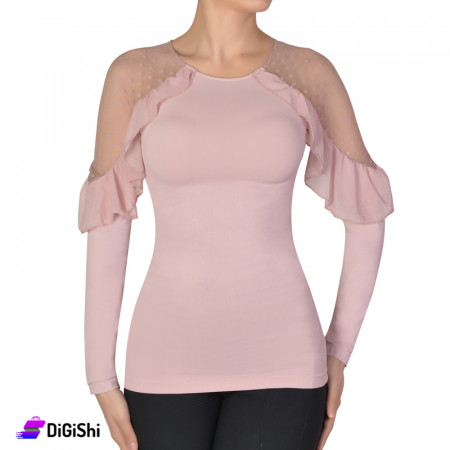 Solitaire Women's Chiffon Shoulder Ruffles Sweater - Light Pink