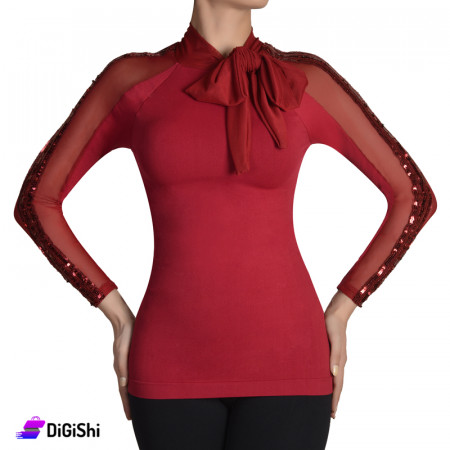 Solitaire Women's Chiffon Sleeves Bow Neck Sweater - True Red