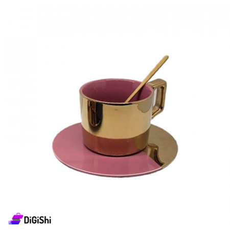 Round Porcelain Coffee Cup with Saucer and Spoon - Bronze and Berry