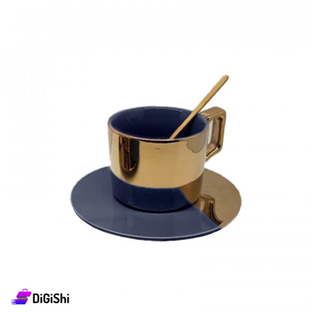 Round Porcelain Coffee Cup with Saucer and Spoon - Bronze and Dark Blue