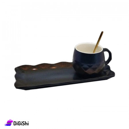 Round Porcelain Coffee Cup with Rectangular Saucer and Spoon - Black