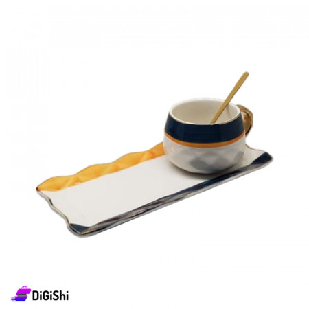 Round Porcelain Coffee Cup with Rectangular Saucer and Spoon - White
