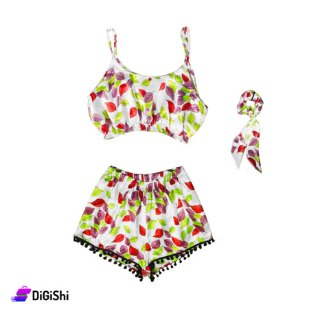 Women's Satin Pajamas Tree Leaves Drawing - Green & Red