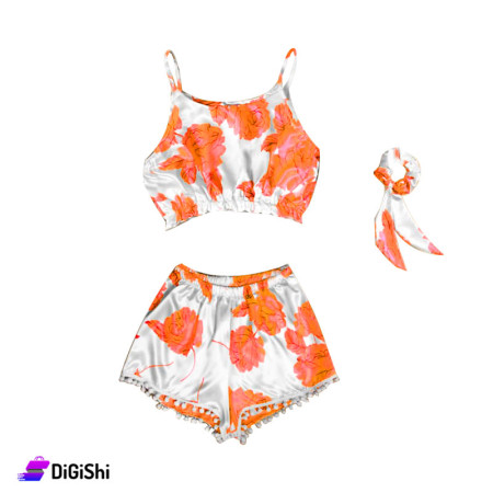 Women's Satin Pajamas Flowers Drawing - Orange and white