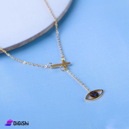 Women's Golden Necklace With An Eye Pendant And A Cross Shape