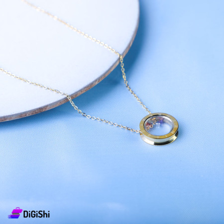 Women's Golden Necklace With A Ring Pendant And Colored Stones Inside