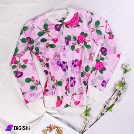 Women's Short Cotton Lycra Floral Jacket - Pink