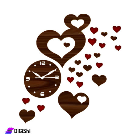 Wall Decor Clock with Brown and Red Hearts