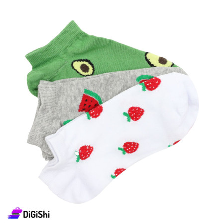 Al Samah Set Of Girl's Short Socks Fruit Graphics (white, gray and green)