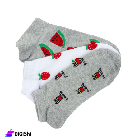Al Samah Set Of Girl's Short Socks Strawberries, watermelon and potatoes Graphics