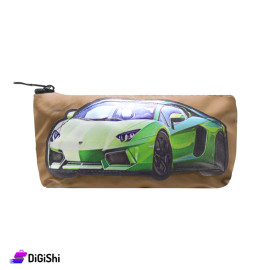 Single Layer Leather Pencil Case with Green Car Design - Light Brown