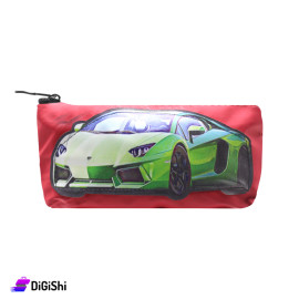 Single Layer Leather Pencil Case with Green Car Design - Red