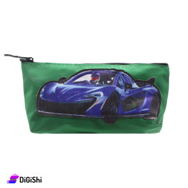 Single Layer Leather Pencil Case with Blue Car Design - Green