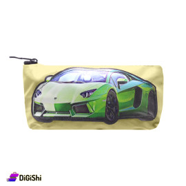 Single Layer Leather Pencil Case with Green Car Design - Light Yellow