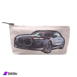 Single Layer Leather Pencil Case with Black Car Design - Pink